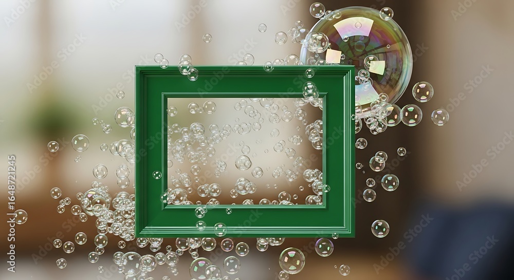 Poster vivid green frame surrounded by ethereal bubbles against a soft background display