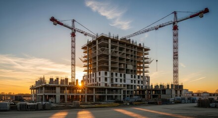 Towering Cranes Frame Unfinished Skyscraper Under Golden Sunset Sky