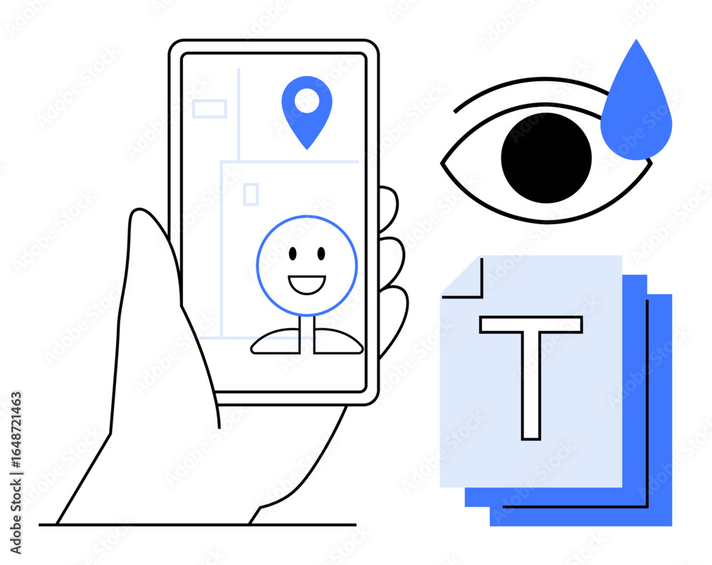 Poster smartphone with navigation icon and emotion, eye observing with teardrop, stacked text documents. id