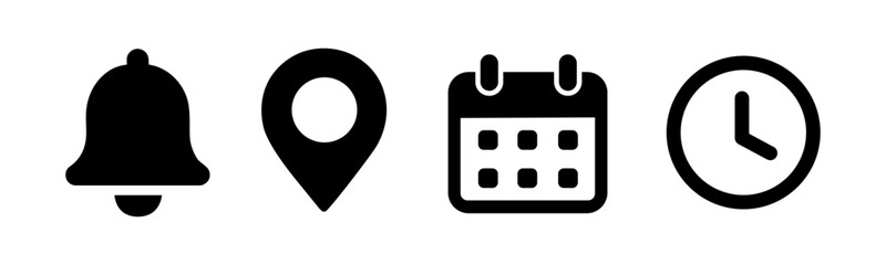 Location, time, calendar and notification bell icons set. Flat vector illustrations of pin, date, clock and bell