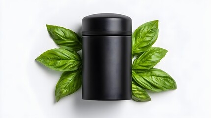 Black container surrounded by fresh basil leaves.