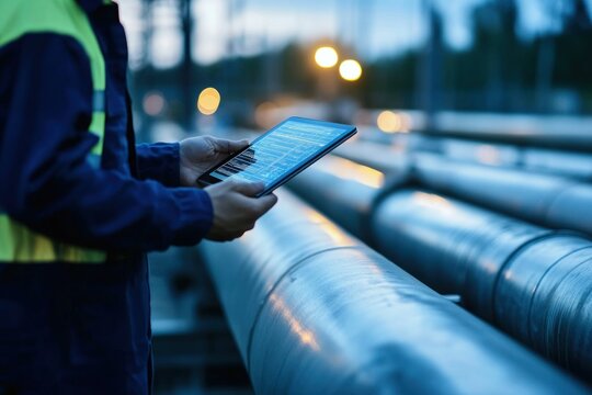 An engineer uses a tablet to review data next to a gas pipeline during twilight hours