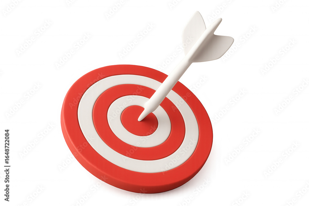 Poster 3d render showing sharp arrow piercing bullseye of red-white target, symbolizing precision targeting