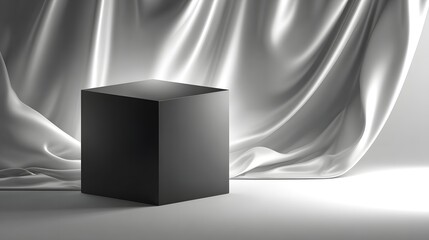 Dark cube product display on a draped fabric backdrop.