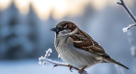 Winter's embrace: A sparrow's pause on frost-kissed branches against a soft winter background