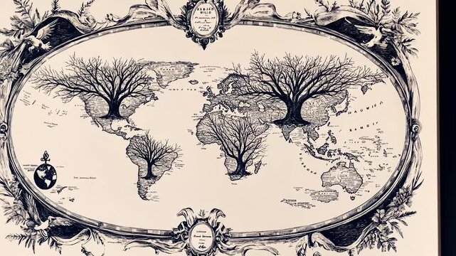 World map with barren trees. Decorative frame