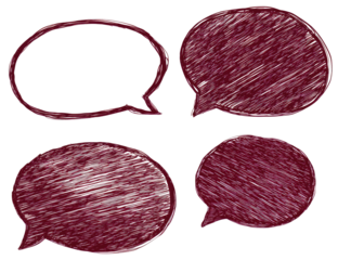 Four maroon speech bubbles, hand-drawn style