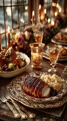  Experience an elegant holiday dinner scene featuring a beautifully set table, warm candlelight, and gourmet dishes, perfect for festive celebrations with loved ones.