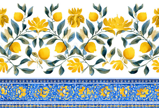 olive ornament branches border watercolor seamless damask modern oriental mosaic arabesque white geometrical vintage illustration motif portuguese yellow print tile citrous wallpaper portugal pattern