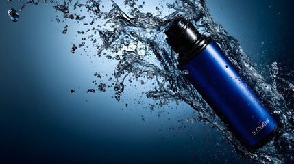 Dark blue cosmetic bottle surrounded by splashing water.