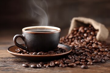 Dark coffee in a cup, steam rising, surrounded by coffee beans