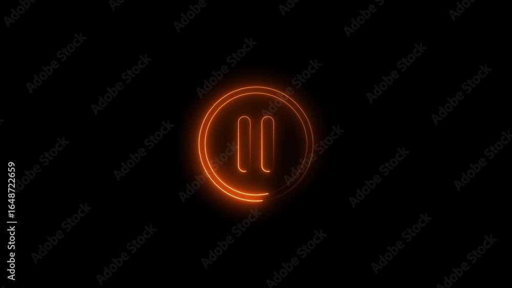 Poster glowing orange neon pause button icon animation on black background modern interface element
