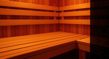 Relaxing sauna interior with wooden benches and warm lighting invites tranquility, perfect for wellness retreats and health spa promotions