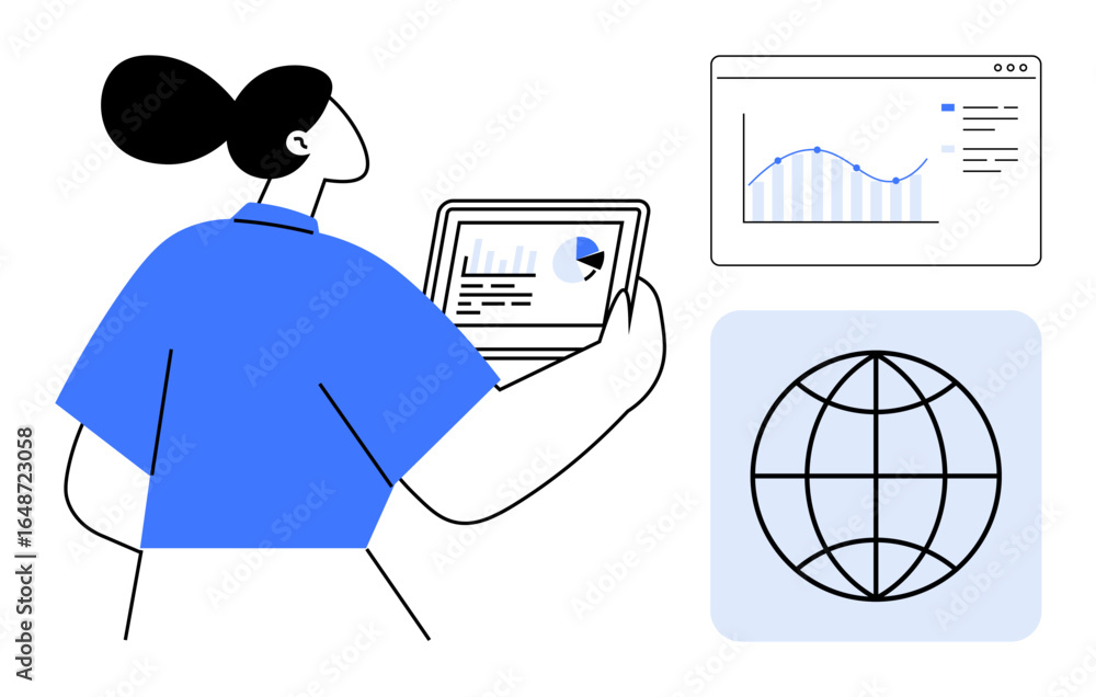 Aufkleber woman reviewing analytics on a tablet with charts and graphs. nearby, a global network icon and web 
