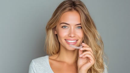 Young smiling woman hold in hand invisible transparent aligners, invisalign dental braces. 