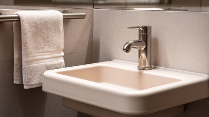 Fototapeta premium Modern bathroom sink with stylish faucet and neatly hung towel, embodying elegance and simplicity.