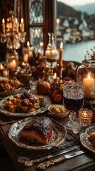 Discover an exquisite holiday dinner setting featuring a beautifully arranged table with elegant decor, gourmet dishes, and a warm ambiance by the riverside.