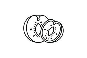 Minimalistic Plum Illustration, Detailed Line Art of Sliced Fruit, White Background