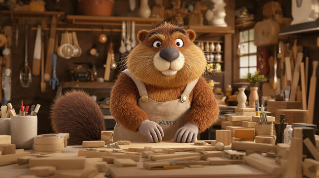Beaver in Workshop: A Woodworking Scene