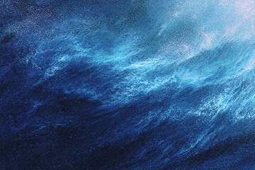 Abstract representation of turbulent ocean waves in deep blue hues with shimmering highlights