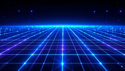 Futuristic digital landscape with a glowing neon grid extending to the horizon