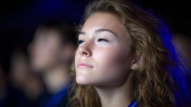 Young Woman in Audience Listens Attentively