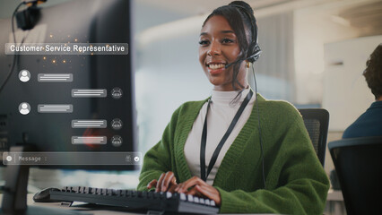 Smiling customer service representative wearing headset is seated desk modern office environment. She is engaging with clients through virtual chat interface displayed screen, showcasing