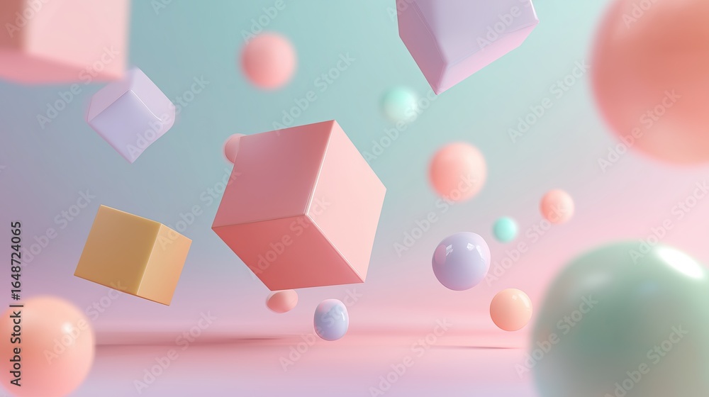 Poster 3d geometric shapes floating in a pastel gradient background.