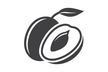 Plum Fruit Cut Silhouette with Leaf Design on White Background Isolated