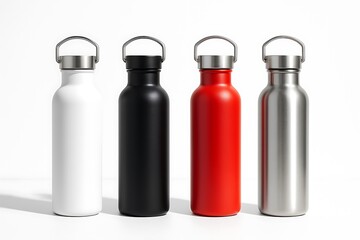 set of four chic stainless steel water bottles in white, black, red, and silver, sleek design with durable, eco friendly materials