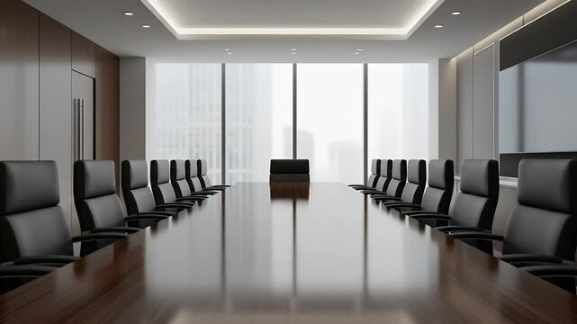 A slow cinematic pullback shot of an empty modern corporate boardroom with a long polished table and leather chairs in front of a large window