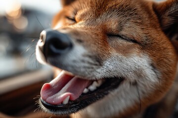 A close up image of a shiba inu dog happily smiling with its eyes closed