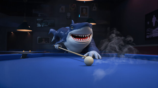 Shark Plays Pool: Animated Character in a Billiards Room