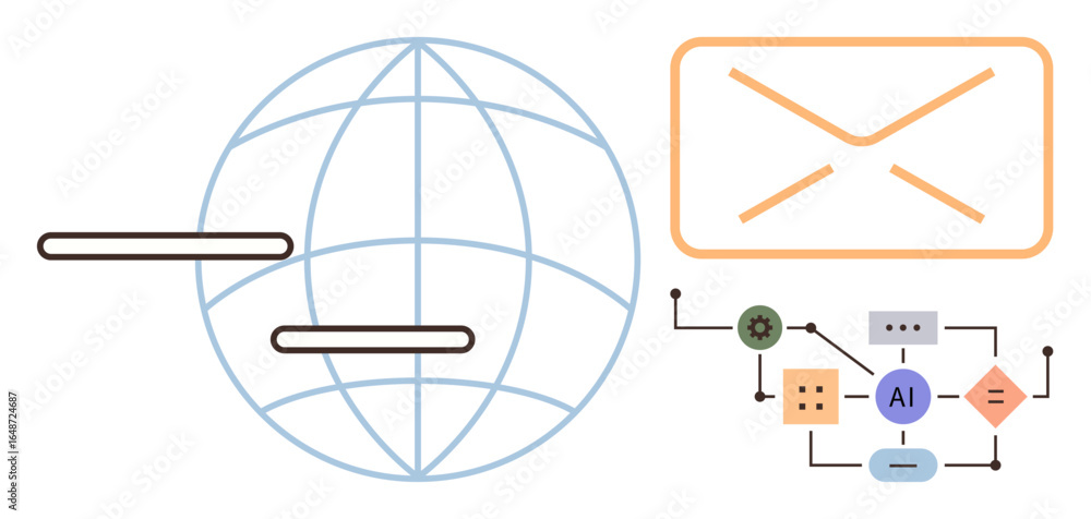 Poster globe with connecting lines, email envelope, and ai-powered workflow chart. ideal for technology, co