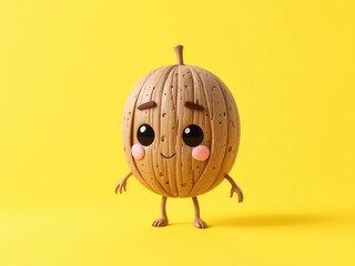 3D Cartoon Walnut Character on Yellow Background