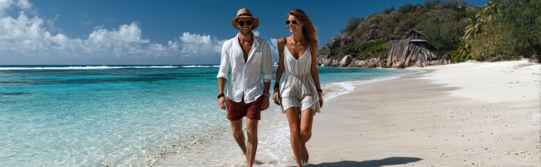 A couple walks hand in hand along a beautiful beach