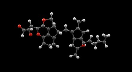 Detailed 3D molecular model showcases the intricate atomic structure of a complex organic compound, highlighting chemical bonding and structural integrity on a dark background