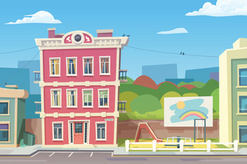 red house with playground in cartoon style