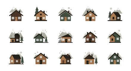 Vector Illustrations of Various Rustic Cabins with Mountain Backgrounds