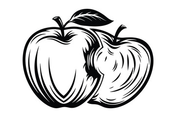 Two Apple Fruits with Leaf, Outline Style Graphics on White Background
