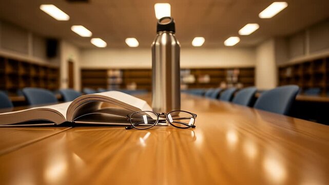 Quiet study session in a library with an open book and glasses on a wooden table a slow camera pan creates a peaceful learning environment