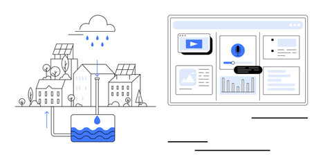 Rainwater collection system connected to tank, solar-powered houses, digital display with data stats, and alerts. Ideal for sustainability, urban planning, technology, water conservation, eco-living