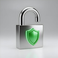 Shiny Metal Padlock with Green Shield and Checkmark Security Icon

