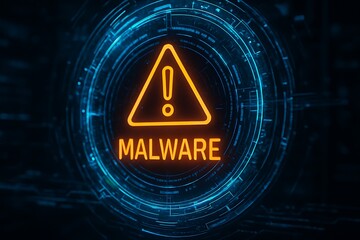 Futuristic malware alert with glowing warning triangle on dark digital background, high tech security concept
