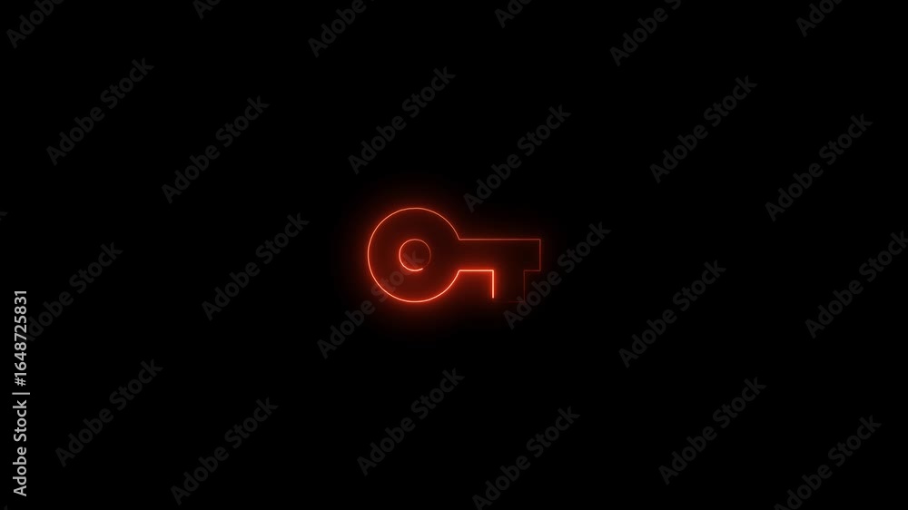 Poster glowing red neon key symbol animation on black background abstract concept of security access