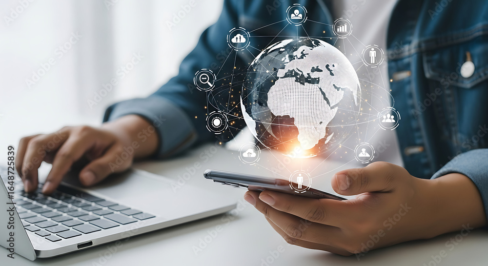 Poster person using laptop and holding phone with globe and network icons overlaying the image in a bright 
