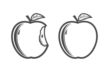 Two Apples Outline with Bite Mark Isolated on White Background Minimalist Style