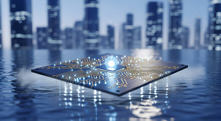 Modern circuit board with binary code data transfer for innovative technology and digital solutions