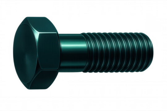 Metallic green hexagonal bolt with threaded shaft, precision engineering detail against transparent backdrop