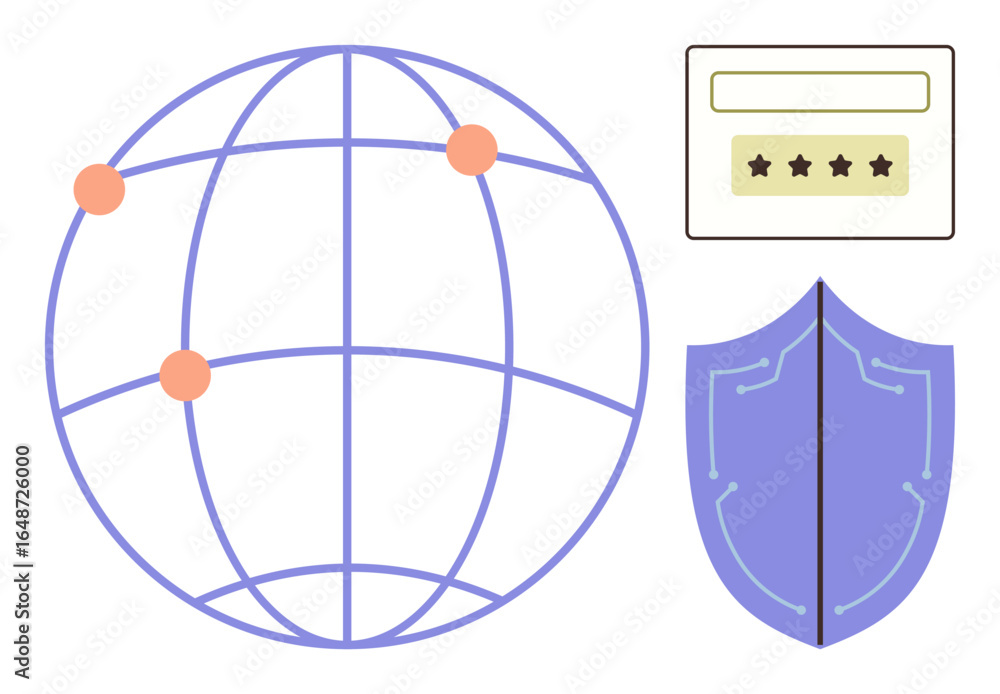 Poster globe with connected nodes, starred password field, and shield symbolizing network security, data pr